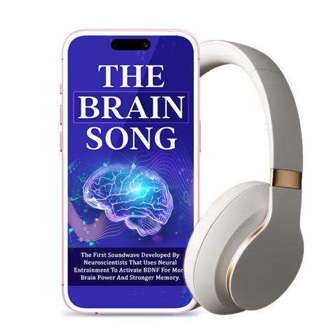 BrainSong bottle with headphones and glowing brain visualization